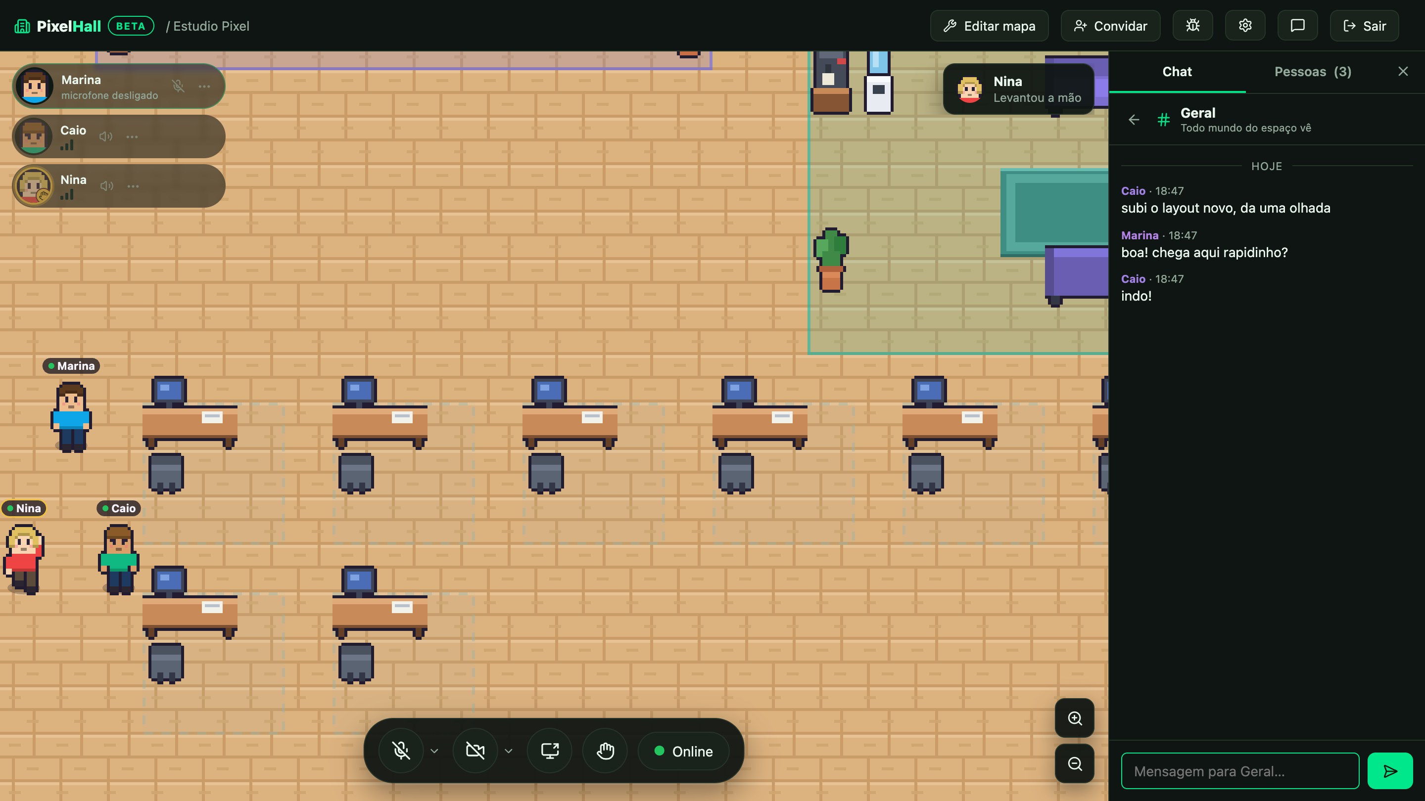 The PixelHall office: pixel-art characters walking between desks, with video and chat open